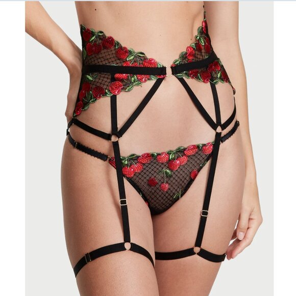NWT Victoria's Secret Very Sexy Black Cherries Embroidery Garter Belt  XS/S M/L - Picture 1 of 6